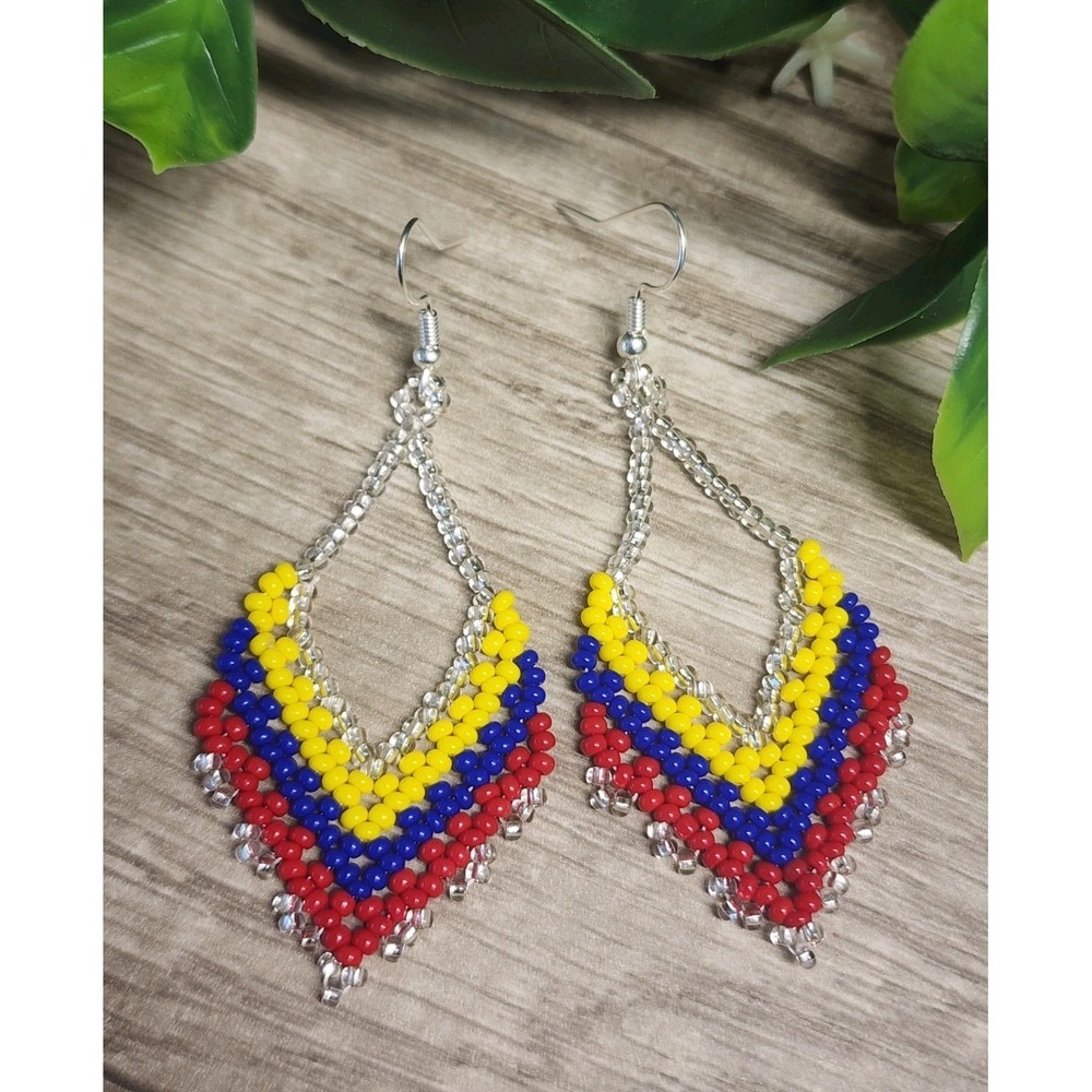 Handmade Seed Bead Earrings Colombia Flag Colors Boho Dangle Teardrop Jewelry - Picture 5 of 5